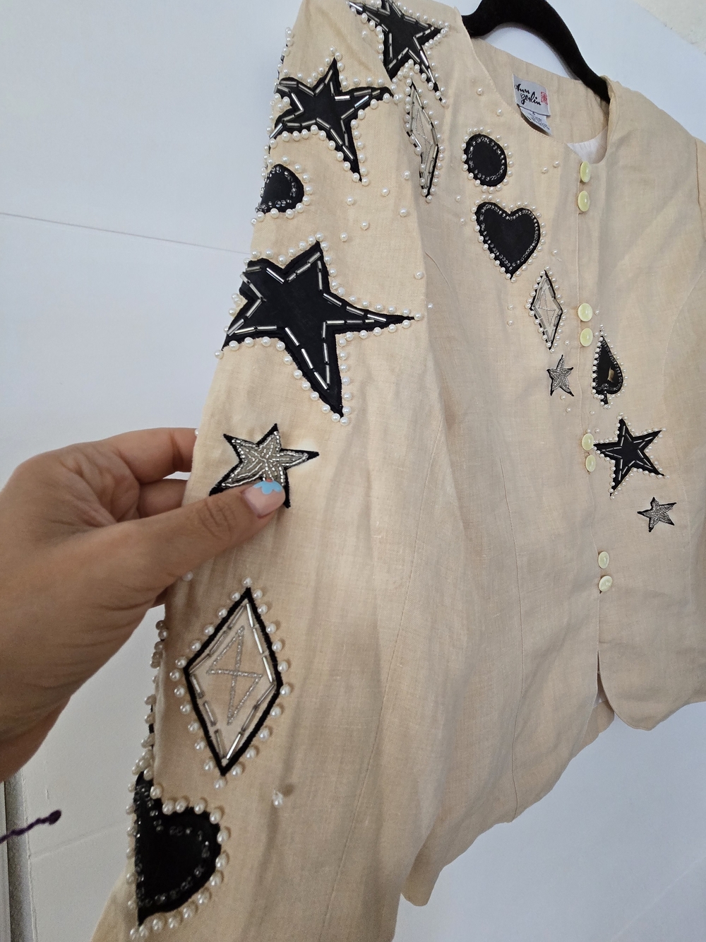 Vintage Ann Gerlin 100% Linen Beaded Skirt Suit Set Tan Stars Hearts Size 6 - Picture 3 of 16